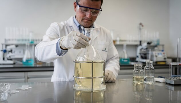 Medium shot of scientist stirring biobased esters in a small reactor highlighting sustainable lubricant production in a controlled laboratory environment.