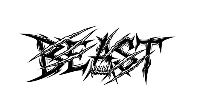 Beast text logo with sharp claws and teeth black and white aggressive design.