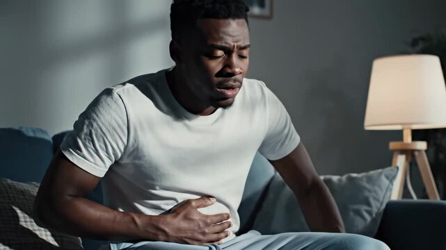 A Black Man Experiencing Severe Abdominal Pain While Sitting on a Couch Indoors
