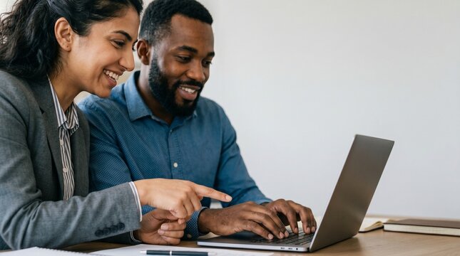 Diverse business colleagues working together on laptop in office. Multiethnic professional team, man and woman discussing project, online collaboration, mentoring and teamwork concept.