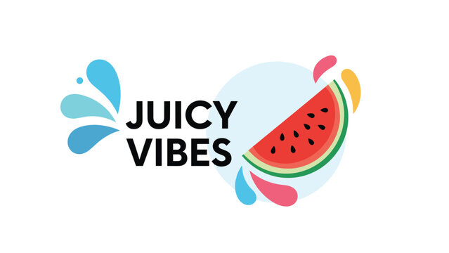 Juicy vibes logo design features a vibrant slice of watermelon with blue water splashes on a clean white background for summer themes.