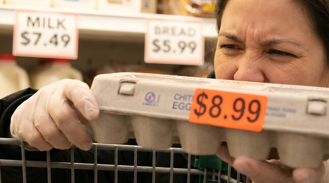 Woman holding price tag of $8.99 on grocery item in supermarket highlighting inflation and rising food costs