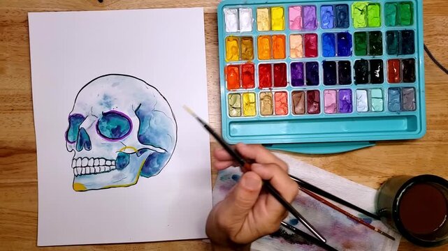 Watercolor Day of the Dead Skull Side View Painting Timelapse Colorful Decorative Skull Overhead No People
