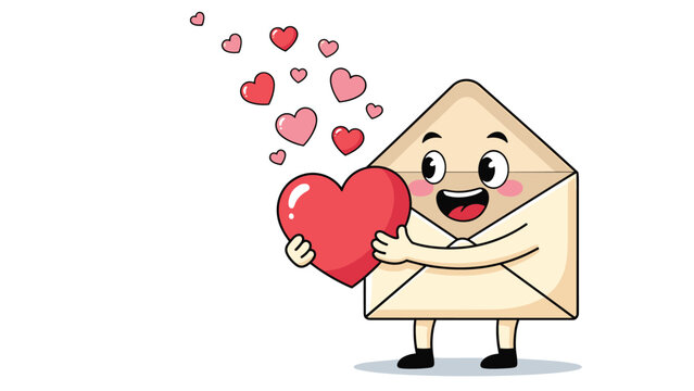 Joyful cartoon envelope character with a large smile holds a big red heart while smaller hearts float away into the air.