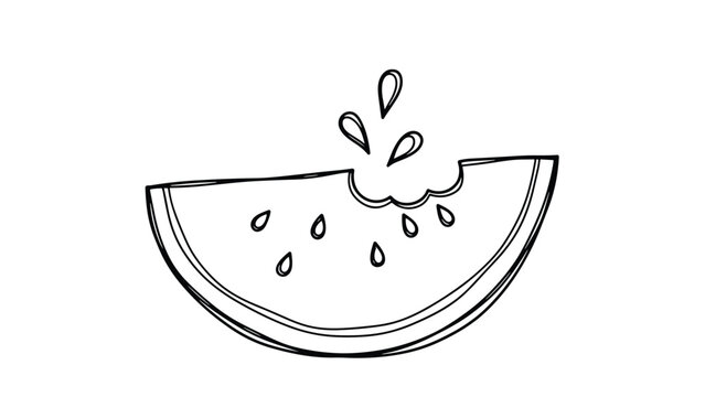Simple line drawing of a watermelon wedge with a bite mark on top and several seeds, accompanied by small water droplets.