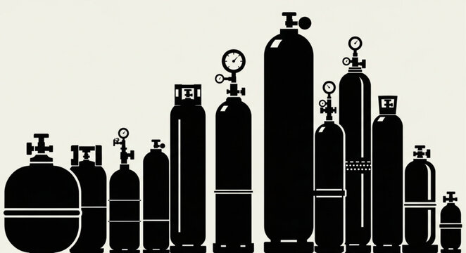 Silhouette of Various Gas Cylinders and Tanks for Industrial Applications.