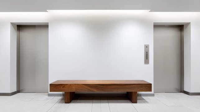 Minimal elevator lobby interior with bench and directory panel, clean architectural symmetry, modern commercial space