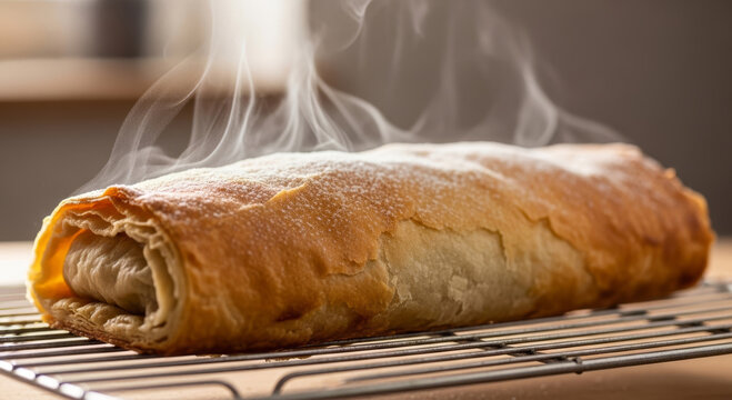 Freshly baked pastry, golden and crisp, resting on a cooling rack, emitting steam and dusted with powdered sugar, ready to delight taste buds.