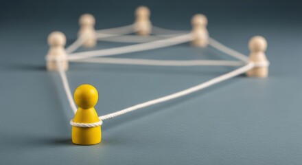 Obraz premium networking concept yellow figure connected to blurred team by strings, business leader connection background, social link, stand out from the crowd banner, teamwork, choice mockup