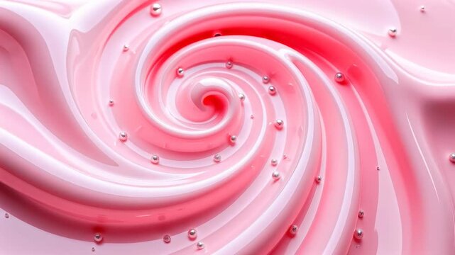 Spiral pink waves pulse with pearls. Smooth glossy texture swirls. Abstract motion art piece. Fashion runway backdrop. Concept of fluidity and luxury.