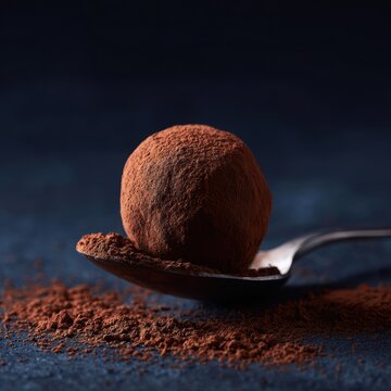 Chocolate truffle dusted with cocoa powder, rich dessert texture, dark elegant styling