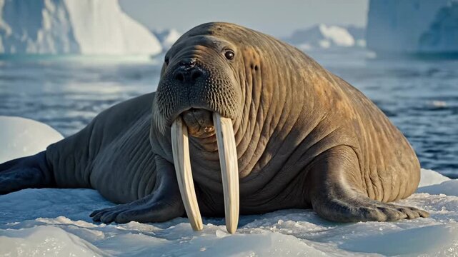 Majestic Walrus with Long Tusks on Arctic Ice Floe