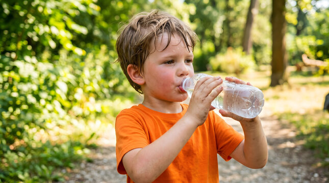 Child drinking water from plastic bottle in summer heat