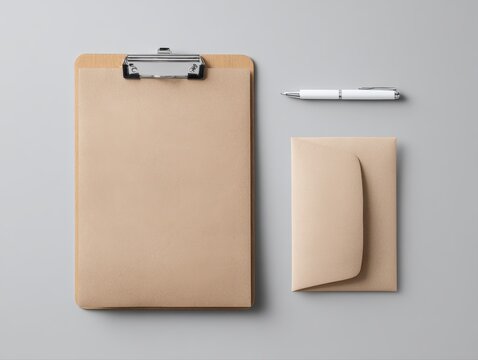 mailer envelope mockup on clipboard, kraft paper texture, office stationery branding template, minimal layout