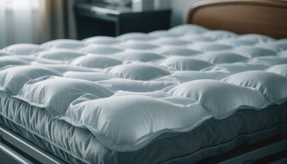 Fototapeta premium Closeup medium shot of an alternating pressure mattress gently inflating and deflating with focus on air cell movement and a softly blurred patient bed setting.