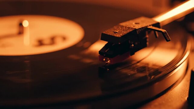Close Up Shot Of Record Player Needle And Vinyl Disc Spinning In Warm Light