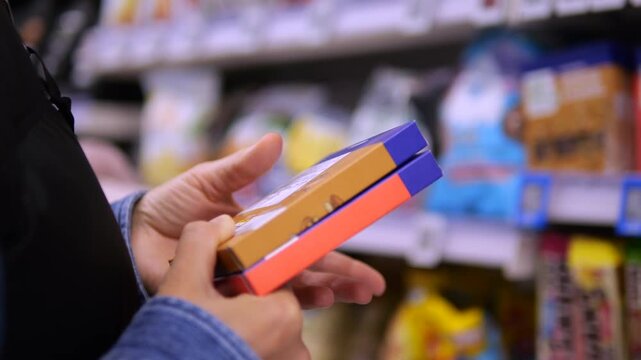 Careful consumer in a supermarket aisle closely examining the nutritional information and ingredients list on a food product package before making a purchase decision