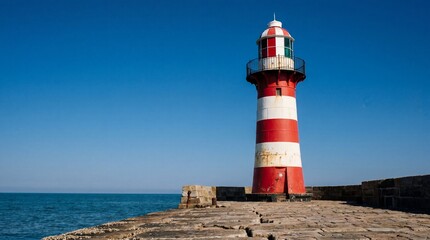 Fototapeta premium Cinematic View of a Red and White Striped Lighthouse on a Stone Pier Against a Clear Blue Sky and Ocean Waves