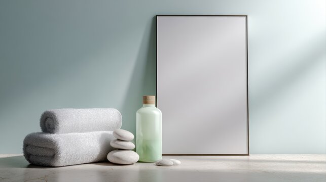 Spa poster display in calm interior setting, soft lighting, wellness branding concept