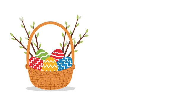 Woven easter basket filled with colorful patterned eggs and surrounded by pussy willow branches on a white background.