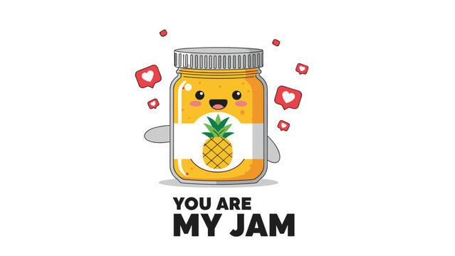 Pineapple jam jar with a cute face and floating hearts says you are my jam in this adorable food pun illustration.