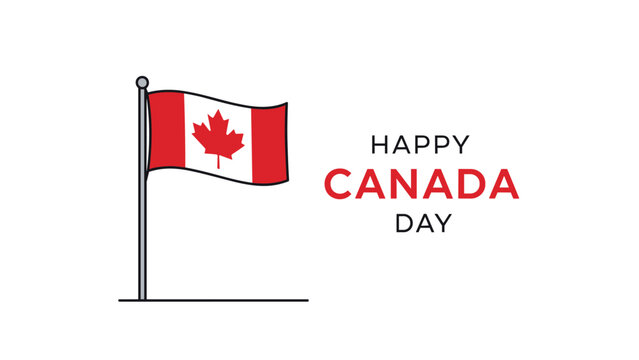 Canadian flag waves on a flagpole with a happy canada day greeting in a clean and patriotic graphic design for national pride.