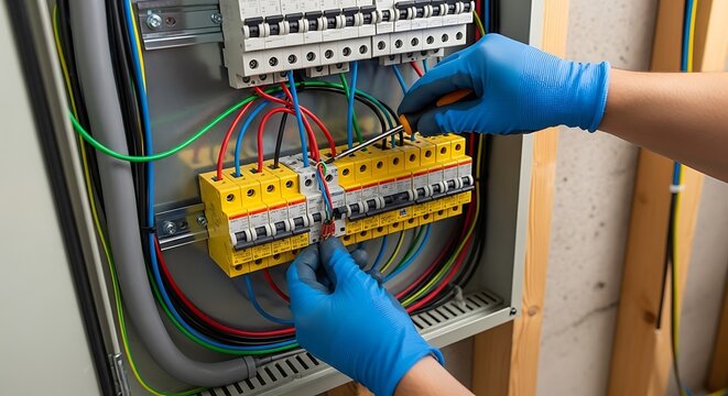 electrician testing circuit breaker panel with multimeter in modern home