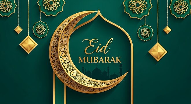 eid mubarak gold crescent lantern greeting with islamic geometric patterns