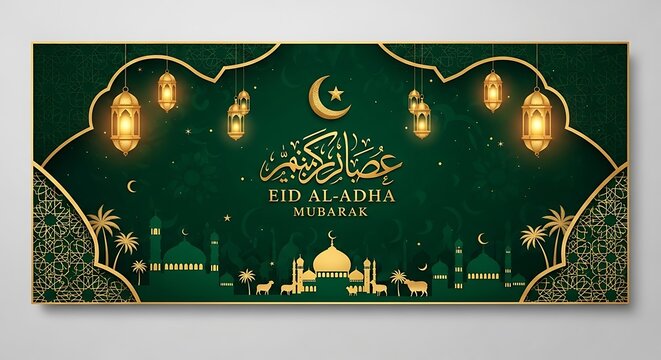 eid al-adha celebration banner with islamic calligraphy and lanterns on dark green background