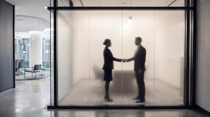 Fototapeta premium Business handshake behind frosted glass in modern office corridor