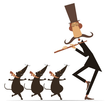 Funny long mustache man in the top hat playing flute to cute dancing rats or mice