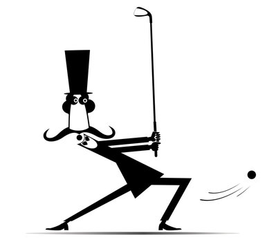 Golf course. Long mustache man in the top hat aiming to do a good shot. Black and white illustration