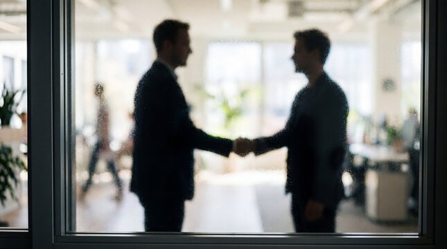 Business handshake through glass in bright open office environment