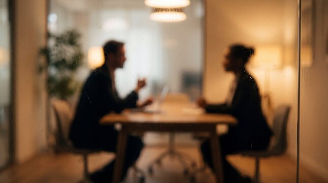 Business meeting conversation behind glass in warm modern office
