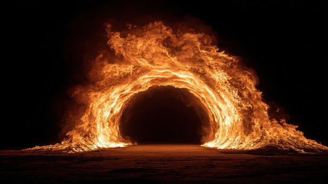 Circular fire arch forming glowing tunnel shape on dark background