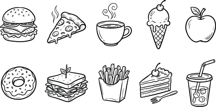 Hand drawn food illustrations a whimsical collection of delicious treats and beverages in black and white