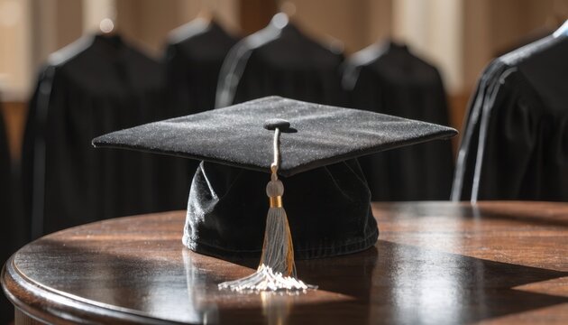 Medium shot of a doctoral cap resting on a table the tassel and velvet texture in sharp detail while surrounding gowns fade gently