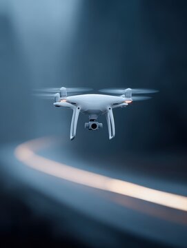 Blank drone mockup hovering with light trails, tech branding