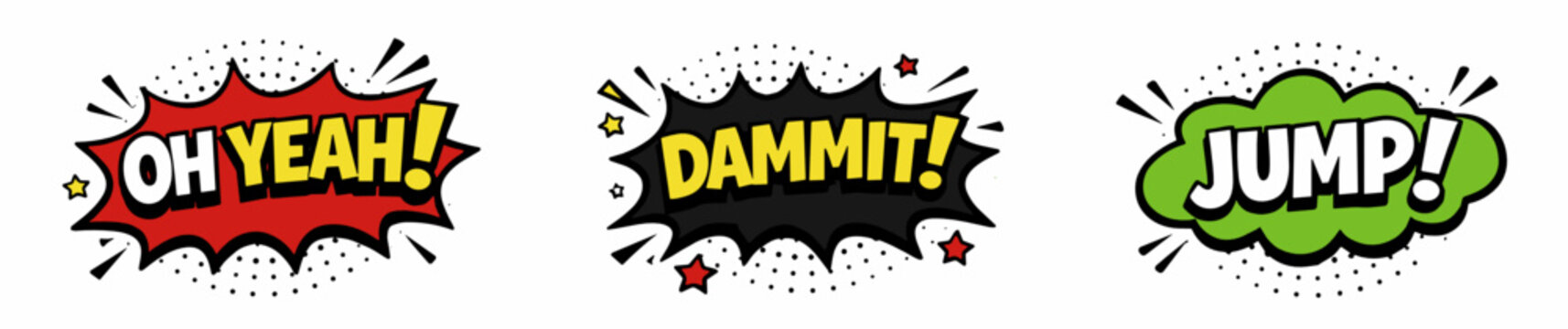 Set of three comic speech bubbles on white background: Oh Yeah in red, Dammit in dark, Jump in green. Retro pop art style with bold typography, halftone dots and star decorations.