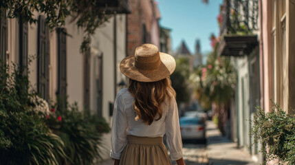 Naklejka premium Woman in straw hat walking through historic Charleston streets, on a sunny day, South Carolina, USA