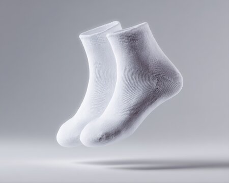 pair of white ankle socks floating, minimal sportswear mockup, soft shadow, realistic cotton texture, isolated clean background