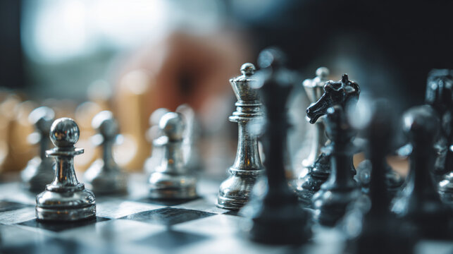 A close-up view of a chessboard featuring silver and black chess pieces in an intense game