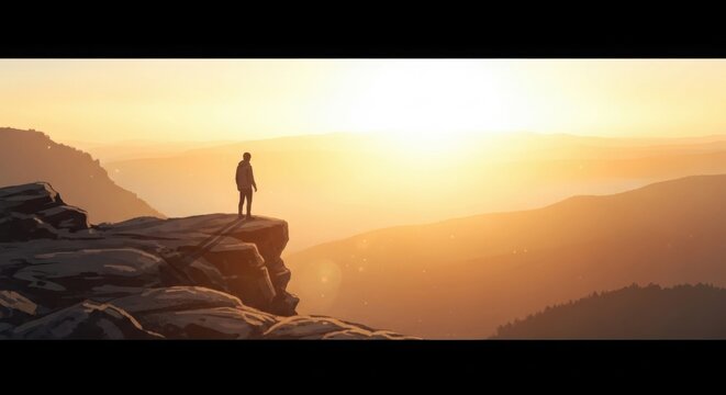Silhouette of man standing on mountain cliff edge looking at epic bright sunrise over vast landscape.
