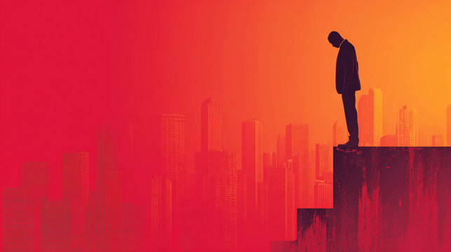A solitary figure stands on the edge of a cliff, gazing into a vibrant sunset, embodying contemplation and introspection amidst an urban skyline backdrop.