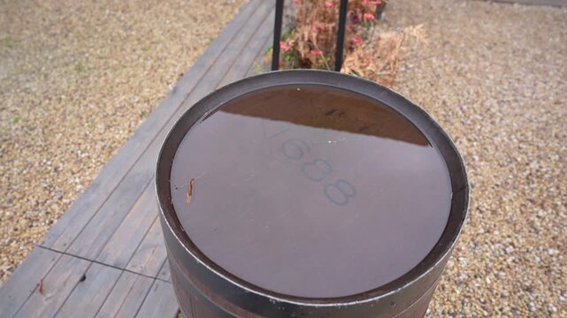 Water-filled barrel top with visible number 1688, surrounded by gravel path and dried plants in a serene outdoor setting