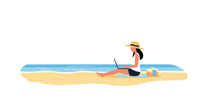 A minimalist vector illustration of a woman wearing a sun hat sitting on a beach towel using a laptop on the sandy shoreline with the ocean in the background.