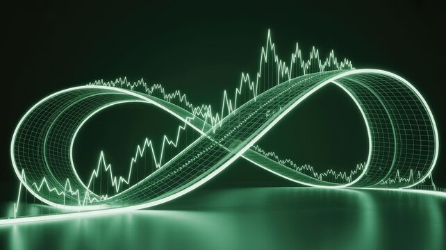 Abstract representation of financial market volatility and endless cycles on a futuristic graph.
