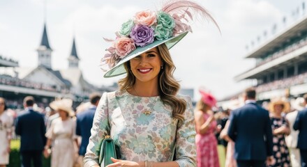 Naklejka premium Woman smiling elegantly at horse race event in a festive atmosphere