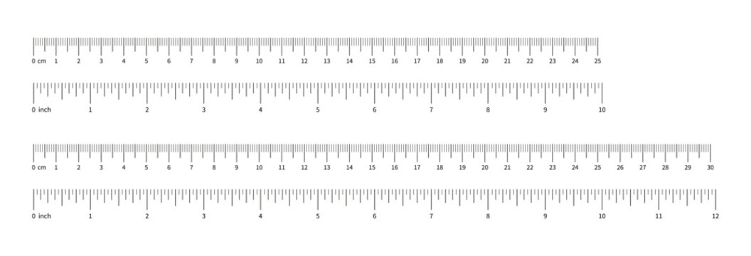 Measuring chart with 10 inch, 12 inches and 25 centimeters and 30 cm set. Collection of ruler scale 2500mm, 300mm with numbers. Templates of ruler scale. Length measurement height, math, distance, Sew