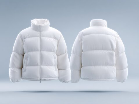 blank puffer jacket mockup for men, front and rear view, isolated clean background, soft shadows, winter fashion template, detailed stitching